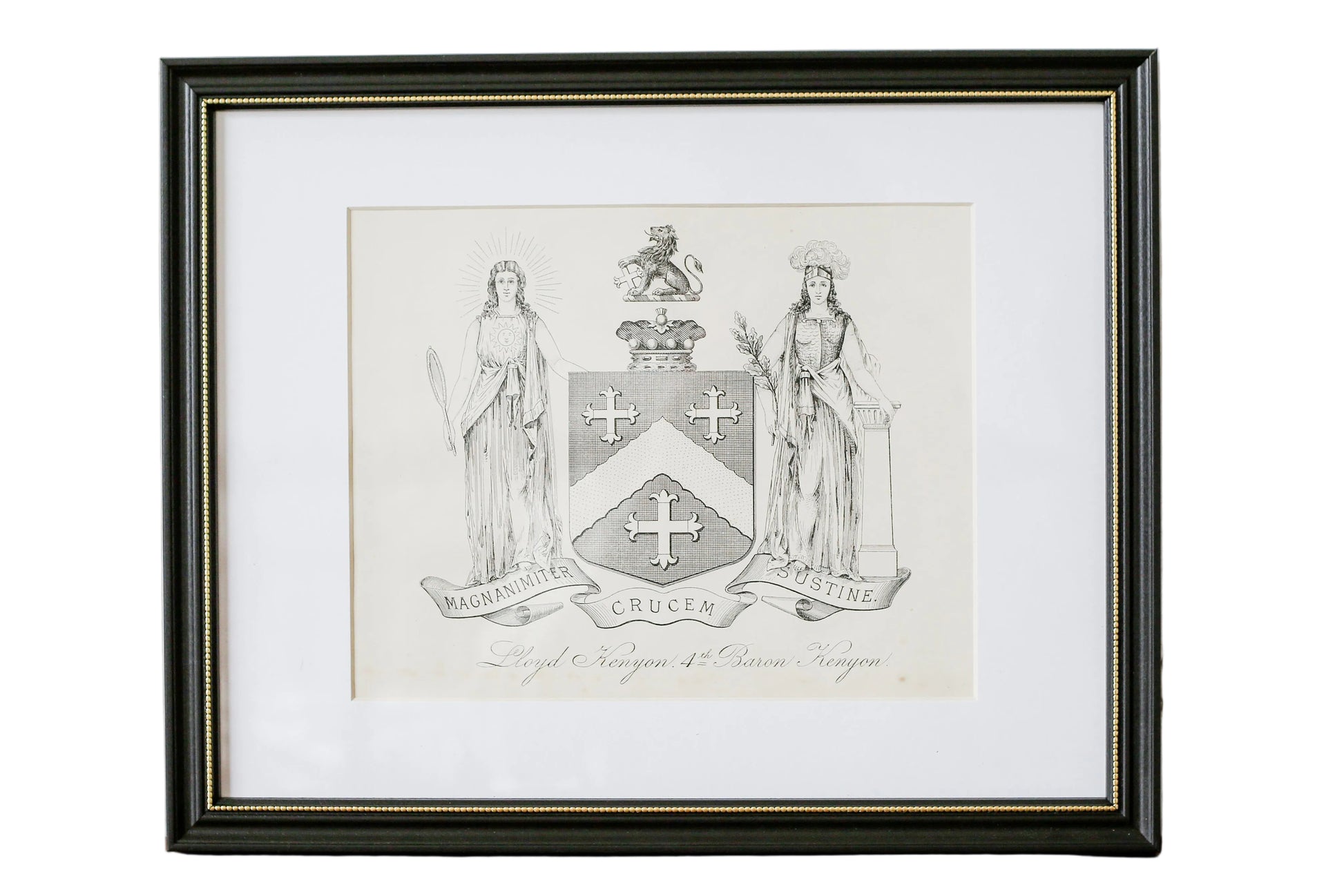 Framed artwork with a coat of arms on a textured wall.