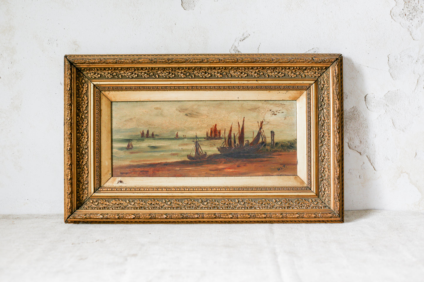 Antique British Coastal Scene Oil Painting in Gilt Wood Frame, c1900