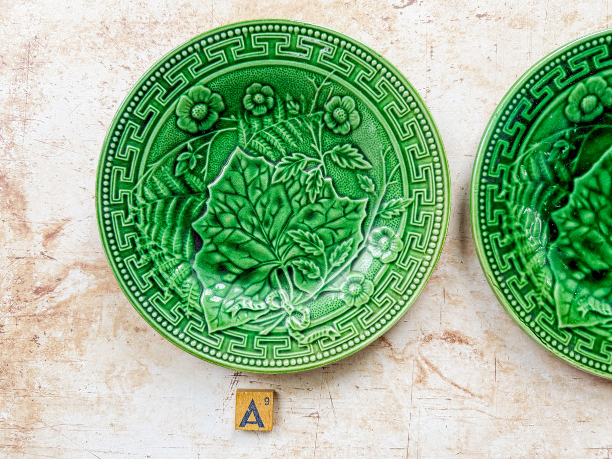 Antique Greek Key Border and Strawberry Greenware Majolica Plates (Choice)