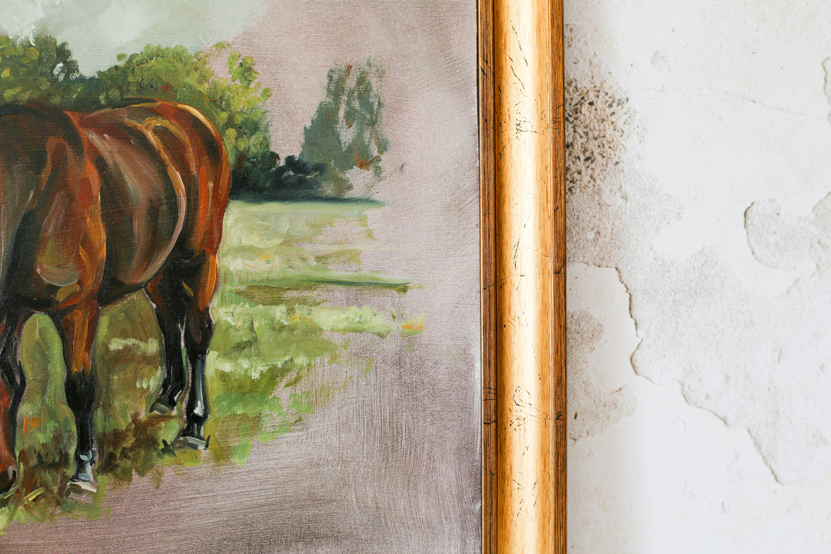 Original Painting of Bay Horse in Field, Attributed to Glynis Mills, in Custom Gold Frame