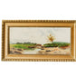 A framed landscape oil painting featuring a river, green fields, and a single tree, housed in an ornate gold frame, set against a textured white wall.