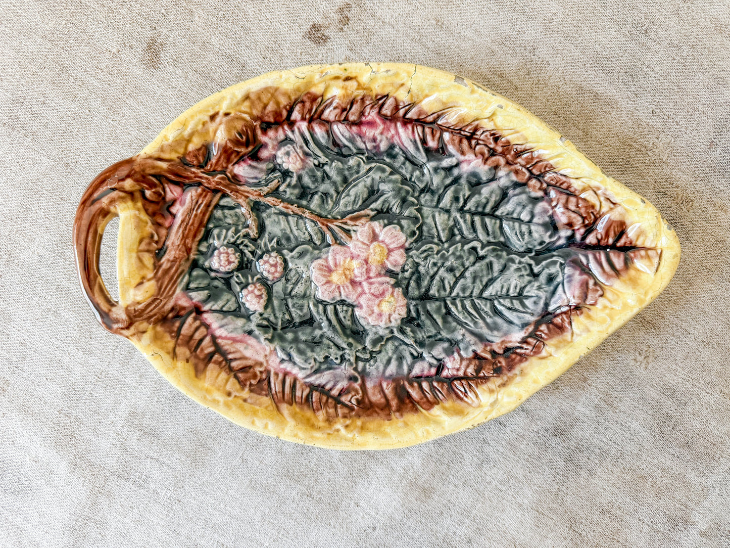 Antique Begonia Leaf and Pink Blossom Majolica Tray, c1880