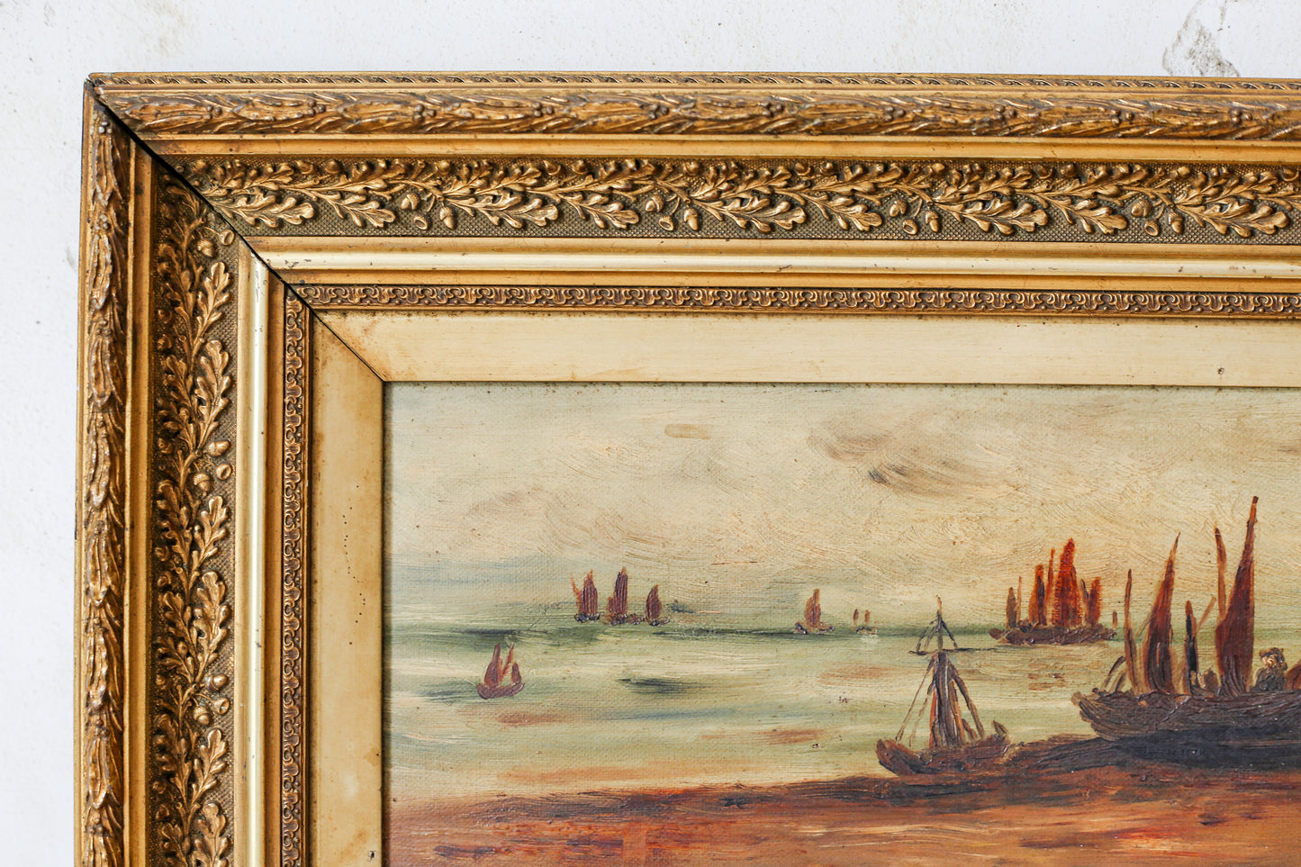 Antique British Coastal Scene Oil Painting in Gilt Wood Frame, c1900