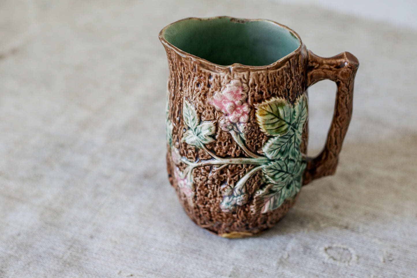 Antique Bramble & Bark Floral Majolica Jug, c1880