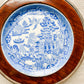 Blue Willow Butter Pat in Banded Oak Dish, c1920