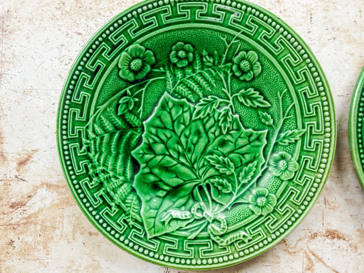 Antique Greek Key Border and Strawberry Greenware Majolica Plates (Choice)