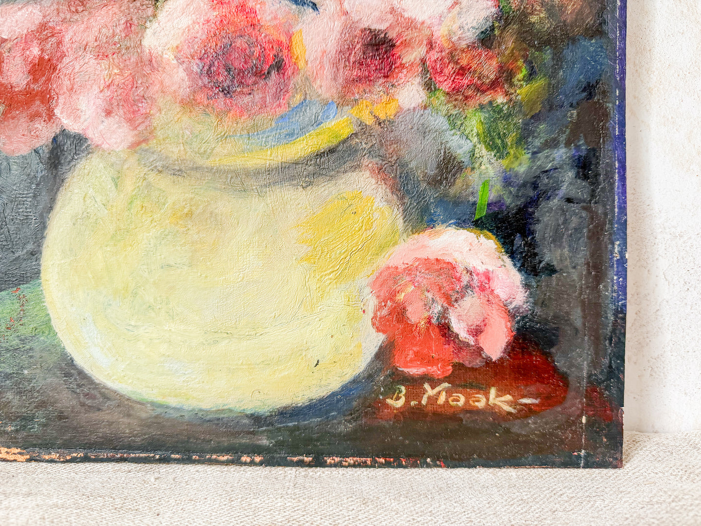 Unframed Impressionist Painting of Pink Flowers in Chartreuse Vase, Signed B. Maak