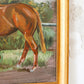 Original Painting of Chestnut Brown Horse Grazing, Attributed to Glynis Mills, in Custom Gold Frame