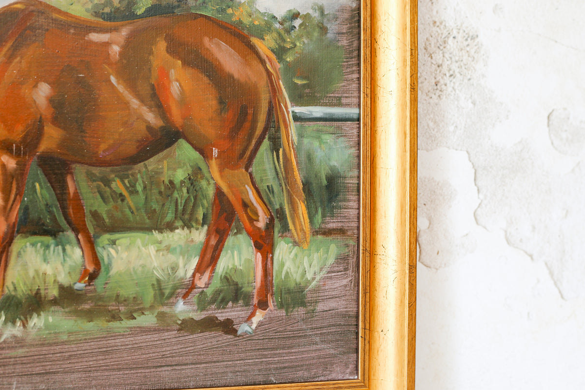 Original Painting of Chestnut Brown Horse Grazing, Attributed to Glynis Mills, in Custom Gold Frame