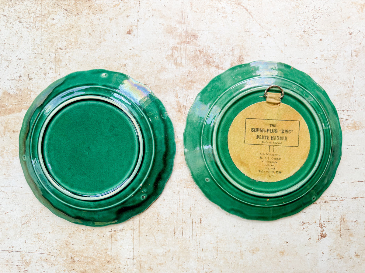 Set of 2 Antique Cabbage Leaf on Basket Greenware Majolica Plates