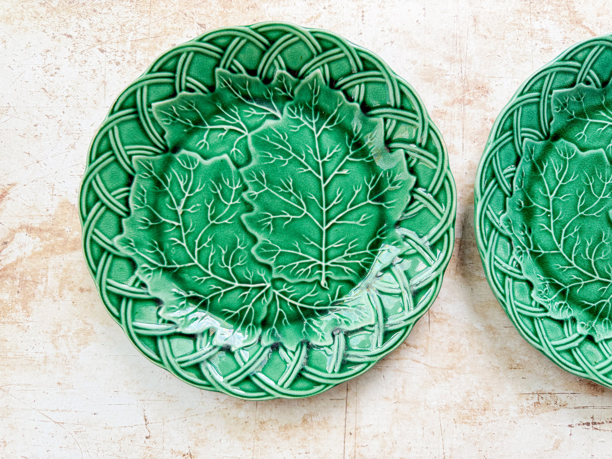 Set of 2 Antique Cabbage Leaf on Basket Greenware Majolica Plates by Edge Malkin & Co.