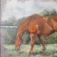 Original Painting of Chestnut Brown Horse Grazing, Attributed to Glynis Mills, in Custom Gold Frame