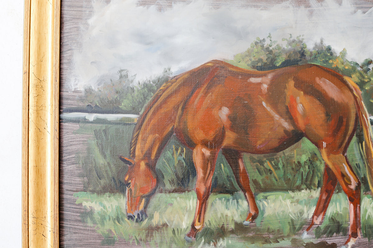 Original Painting of Chestnut Brown Horse Grazing, Attributed to Glynis Mills, in Custom Gold Frame
