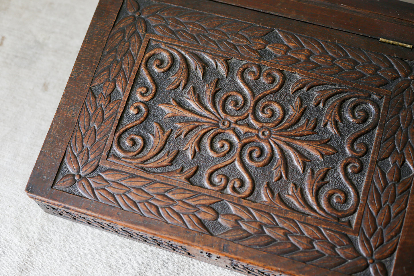 1892 Carved Wood Sloped Desk Box with "JM" Initials