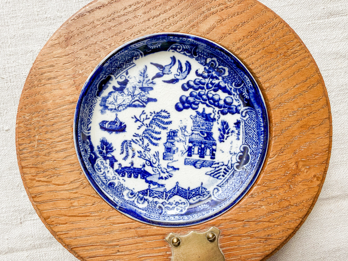Blue Willow Butter Dish with Oak and Brass Base, c1920
