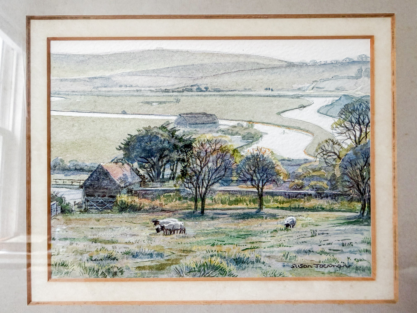 Signed Watercolor Painting of English Pastoral Scene with Sheep by Susan Jackman