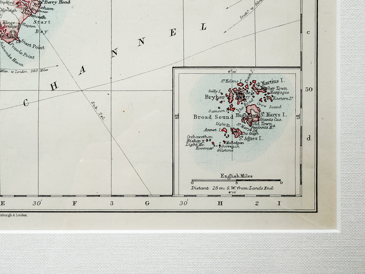 Antique 19th-Century Map of Southwest England by W. & A.K. Johnston in Custom Frame