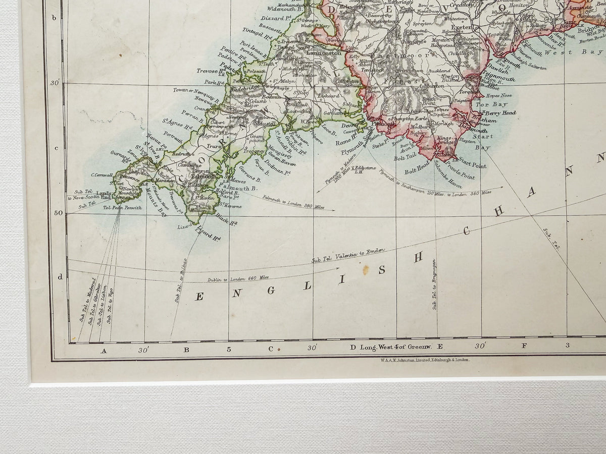 Antique 19th-Century Map of Southwest England by W. & A.K. Johnston in Custom Frame