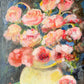 Unframed Impressionist Painting of Pink Flowers in Chartreuse Vase, Signed B. Maak