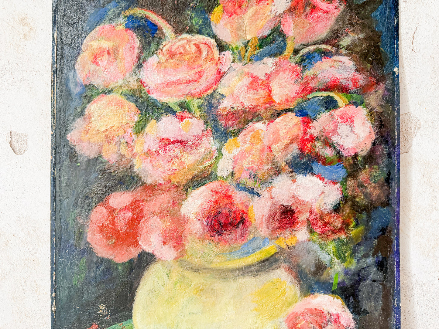 Unframed Impressionist Painting of Pink Flowers in Chartreuse Vase, Signed B. Maak