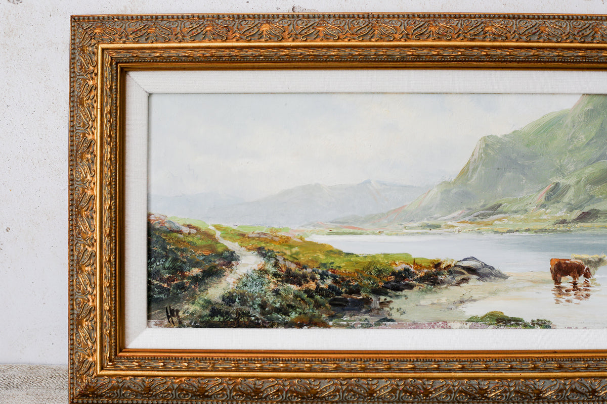 Antique Scottish Highlands with Cows Landscape Painting (c1890) in Custom Ornate Gilt Frame