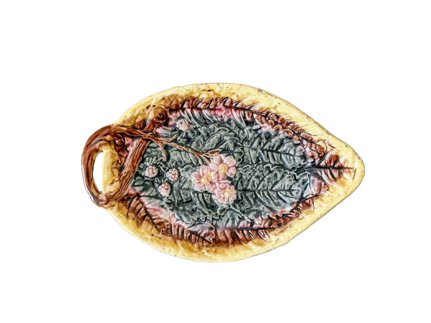 Antique Begonia Leaf and Pink Blossom Majolica Tray, c1880
