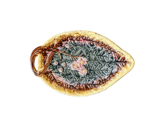Antique Begonia Leaf and Pink Blossom Majolica Tray, c1880
