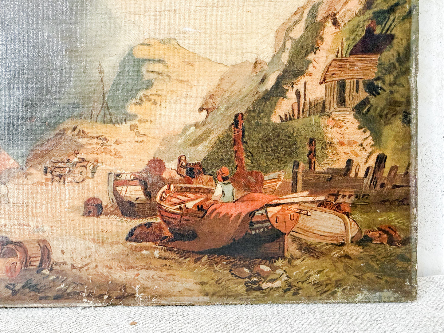 Antique Moody Coastal Scene with Fishing Boats, c1900