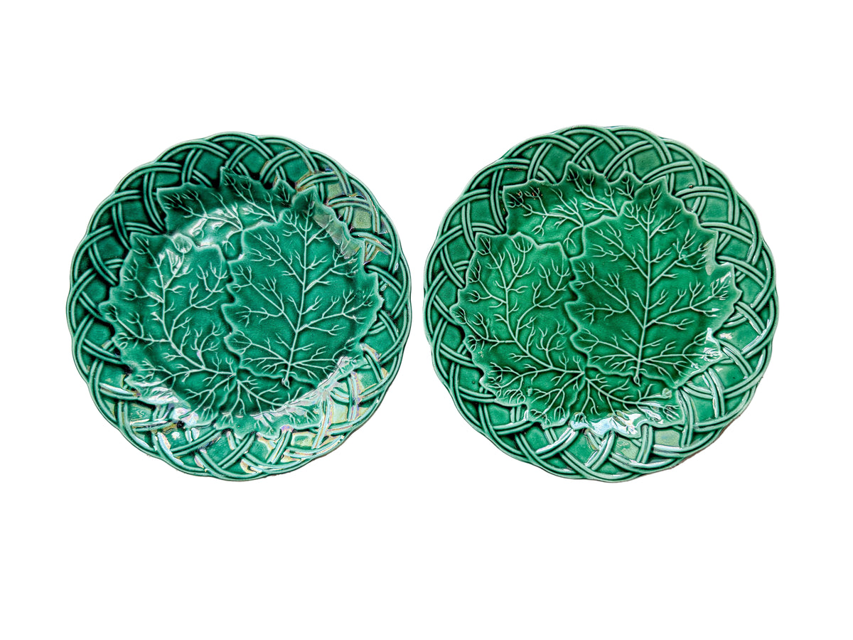 Set of 2 Antique Cabbage Leaf on Basket Greenware Majolica Plates