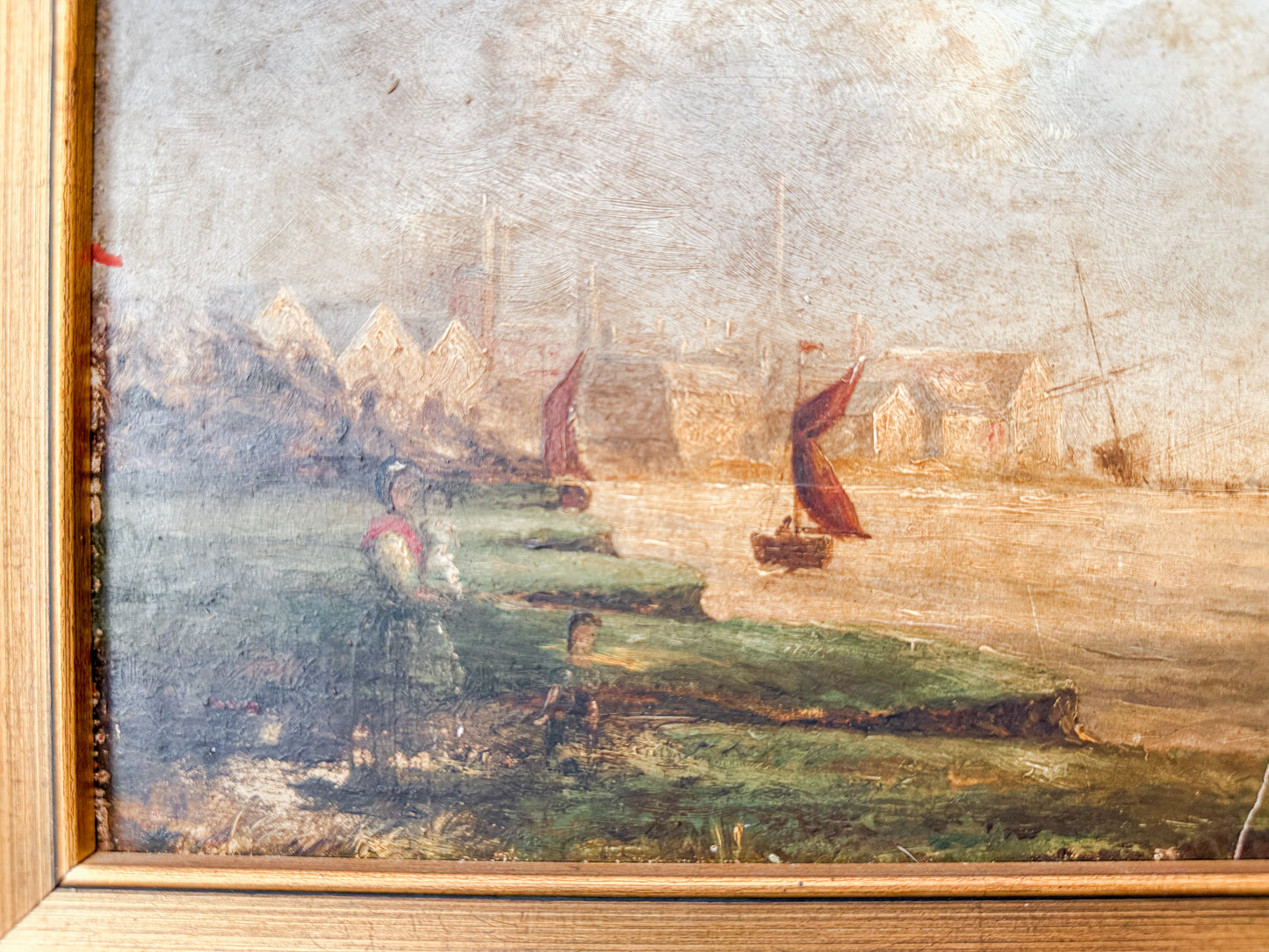 Antique Oil Painting of British Maritime Scene in Gilt Wood Frame, c1880