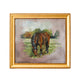 A framed painting of a brown horse grazing in a field, set in a distressed white wall with a marble surface below.