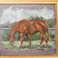 Original Painting of Chestnut Brown Horse Grazing, Attributed to Glynis Mills, in Custom Gold Frame