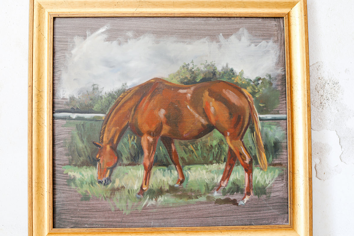 Original Painting of Chestnut Brown Horse Grazing, Attributed to Glynis Mills, in Custom Gold Frame