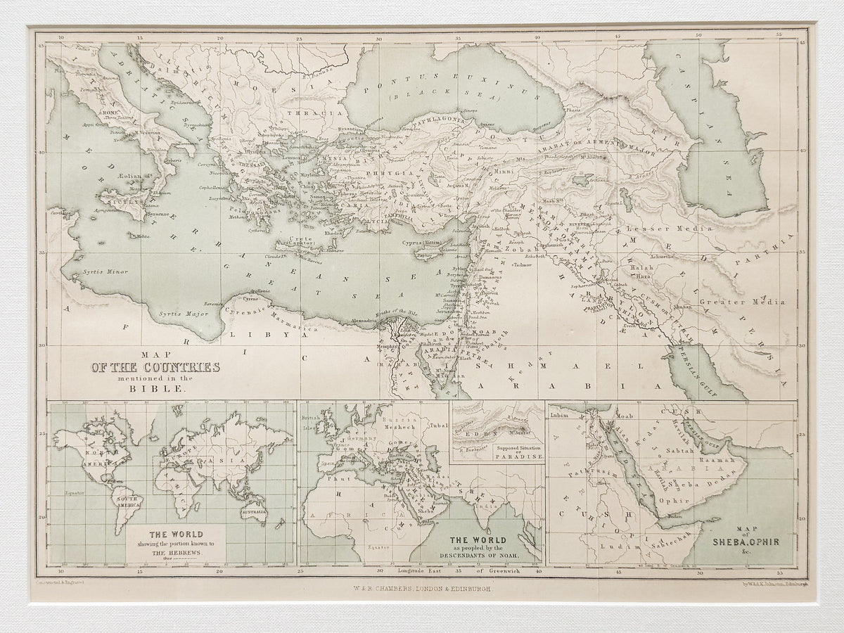 Antique 19th Century Bible Lands Map in Custom Black and Gold Frame