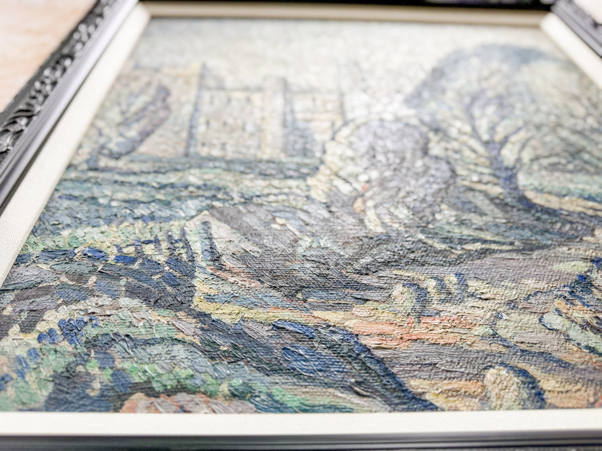Early 20th-Century Post-Impressionist Landscape Oil Painting in Custom Black and Linen Frame