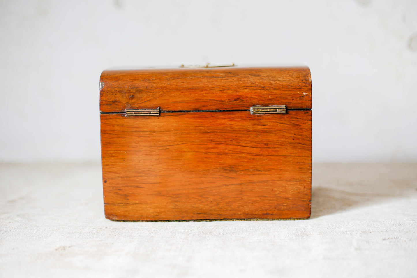 Antique Dome Top Walnut Tea Caddy with Brass Decoration, c1860