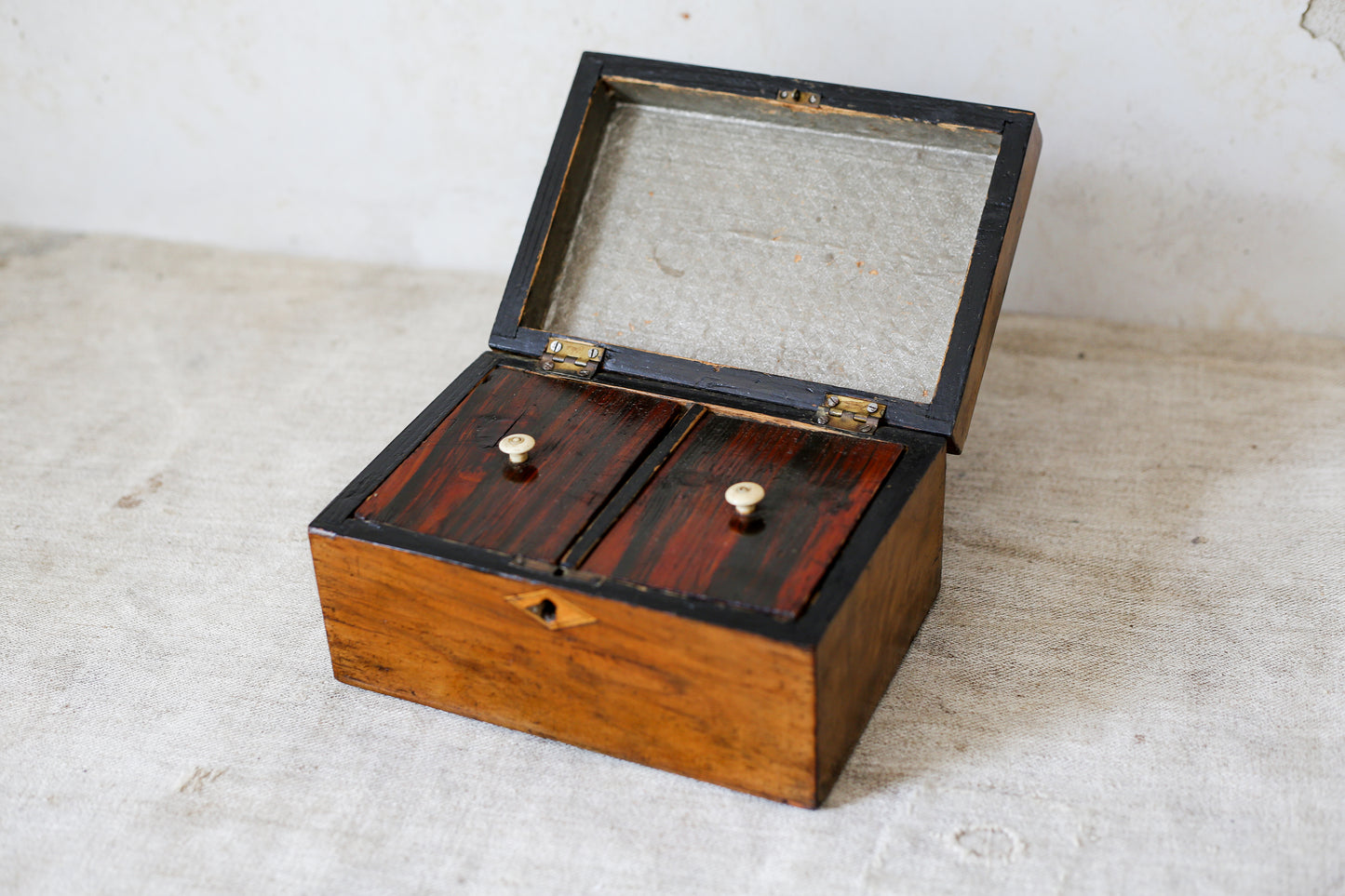 Antique Walnut Star Inlay Tea Caddy, c1860