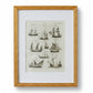 Framed artwork of vintage ship illustrations on a textured wall.