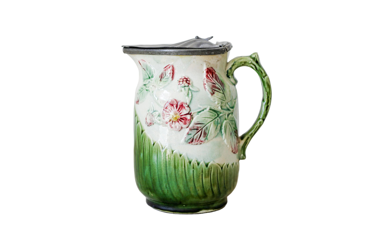 Antique Green & Pink Floral Majolica Jug with Pewter Lid