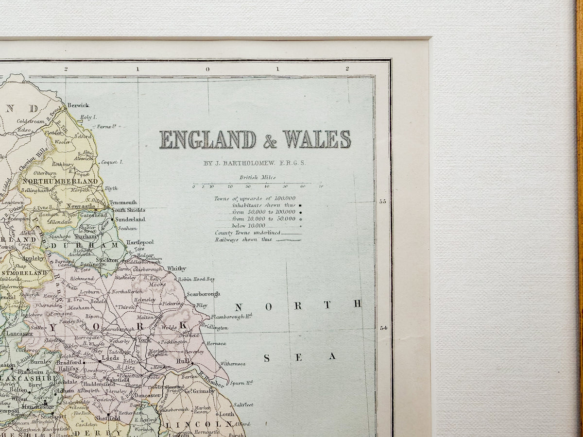 Antique 19th-Century Map of England & Wales by J. Bartholomew in Custom Black and Gold Frame