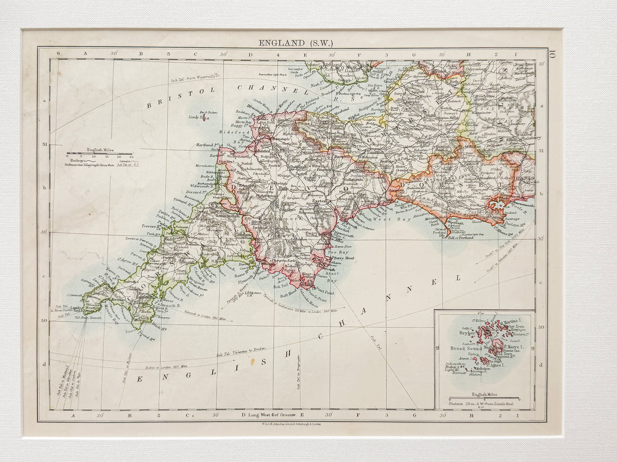 Antique 19th-Century Map of Southwest England by W. & A.K. Johnston in Custom Frame