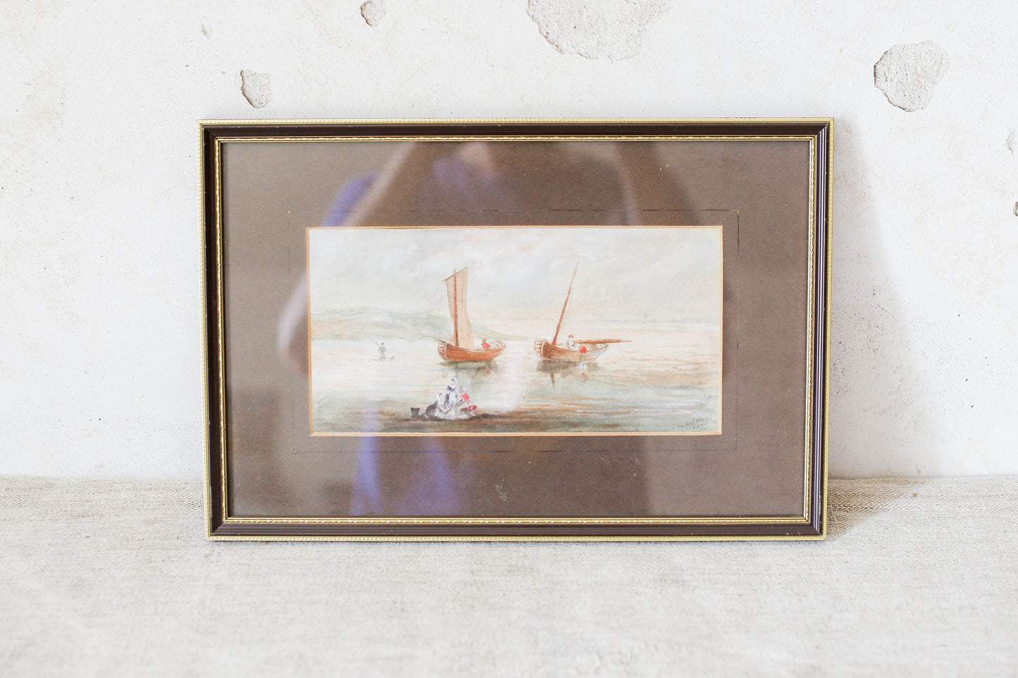 Antique 1877 Maritime Fishing Scene Watercolor Painting
