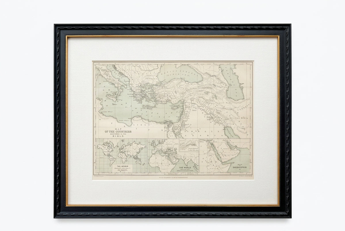 Antique 19th Century Bible Lands Map in Custom Black and Gold Frame