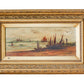 Framed painting of a coastal scene with boats on a white wall.
