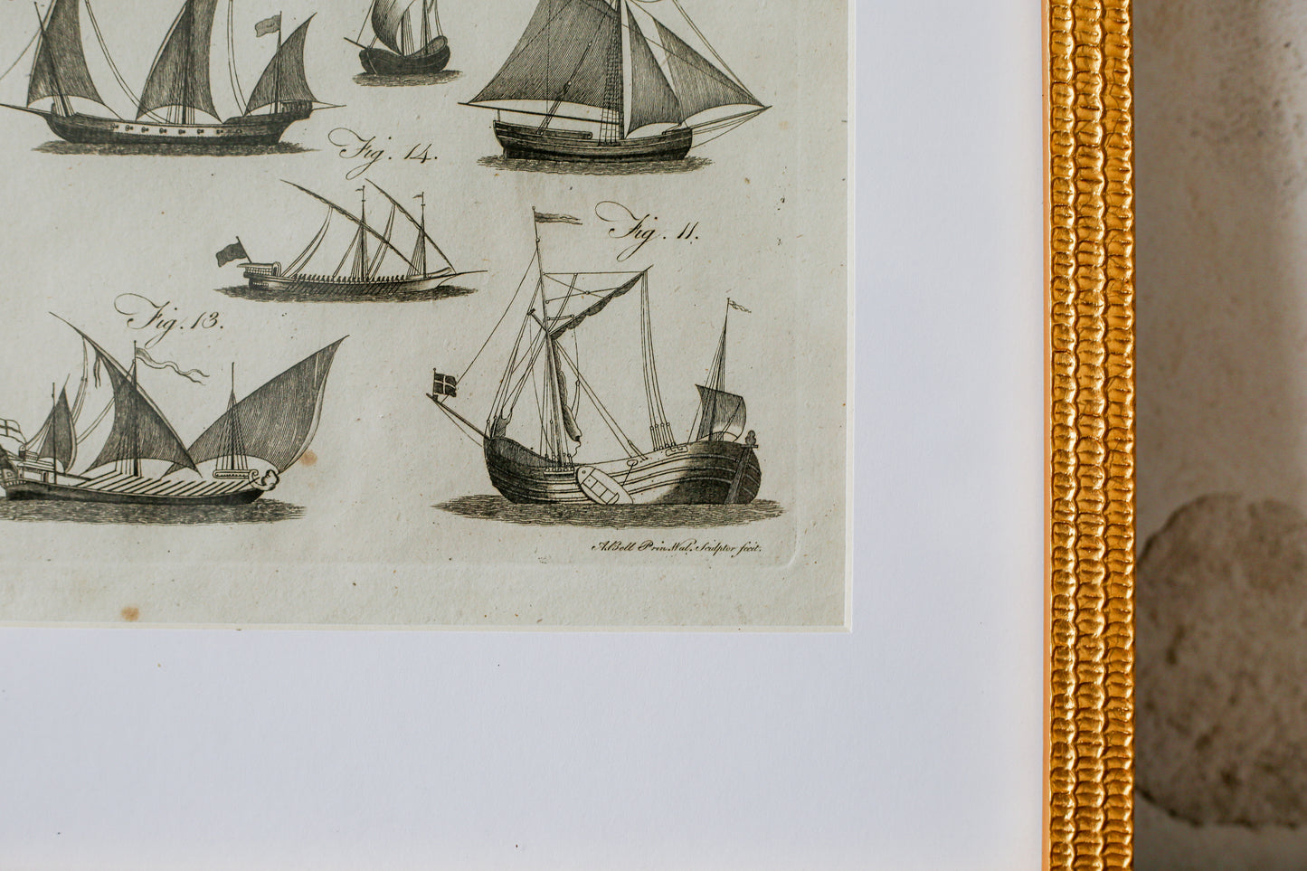 18th Century Copper Plate Engraving of Sailing Ships | Contemporary Textured Gilt Frame