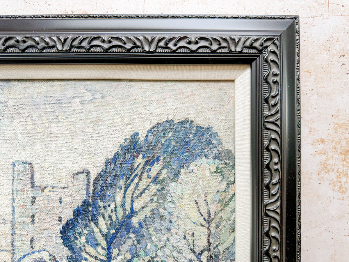 Early 20th-Century Post-Impressionist Landscape Oil Painting in Custom Black and Linen Frame