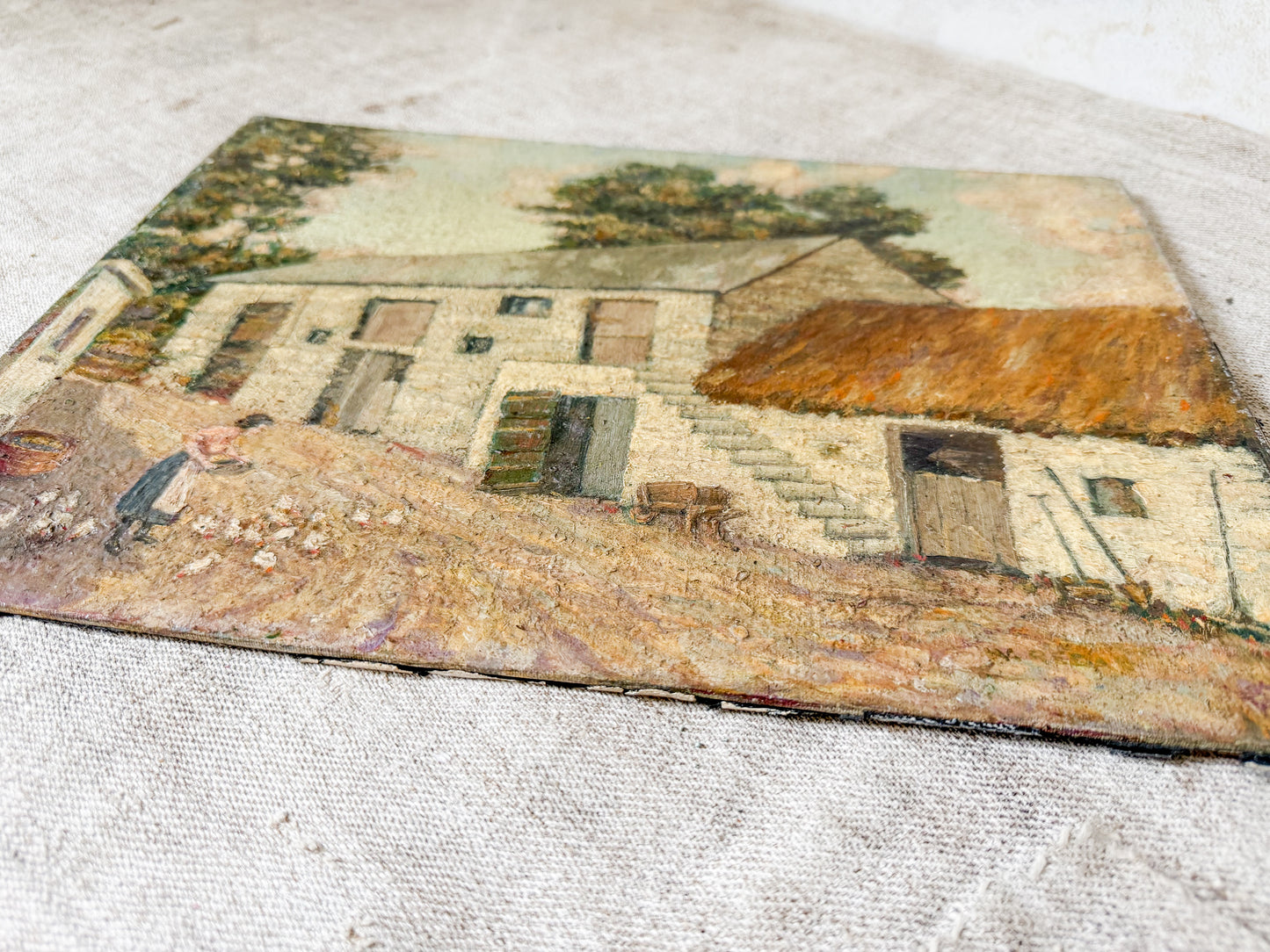 Unframed English Farmyard Scene with Woman Feeding Chickens, c1930