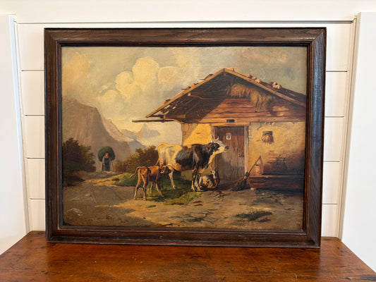 19th century oil painting of cows in rural scene