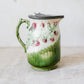 Antique Green & Pink Floral Majolica Jug with Pewter Lid