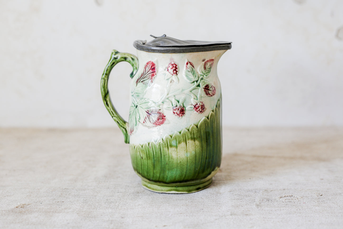 Antique Green & Pink Floral Majolica Jug with Pewter Lid